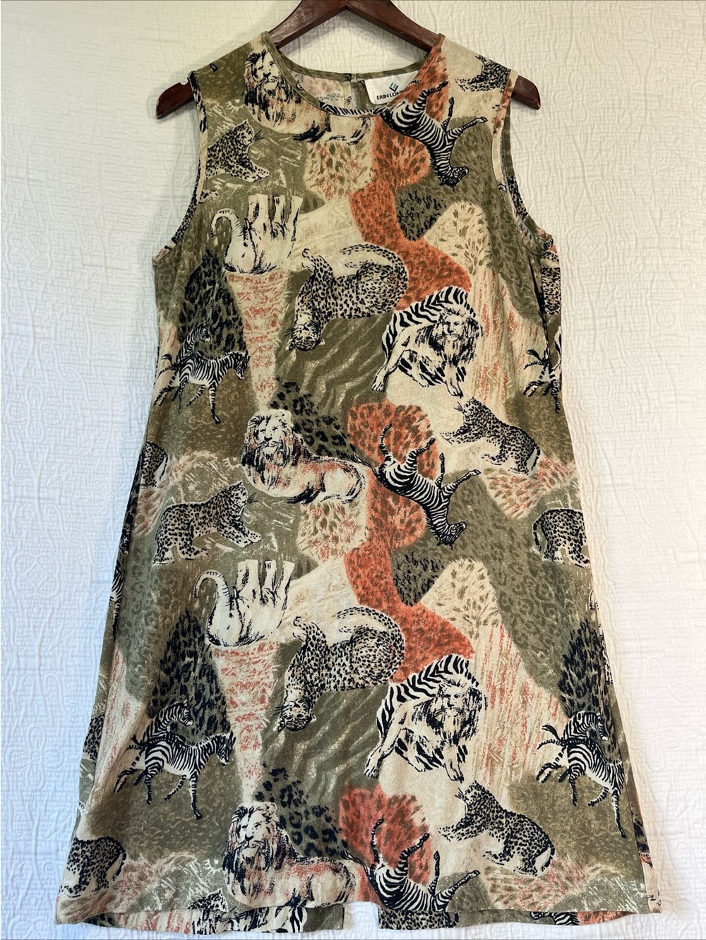 Vintage Y2K Raw Silk Dress Womens M Safari All Over Print Erin London Midi Shift